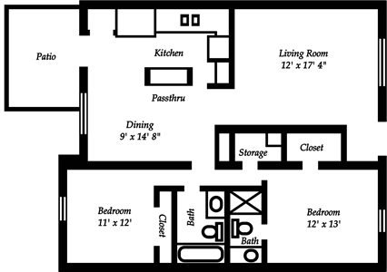B2 - Two Bedroom / Two Bath - 1,052 Sq. Ft.*
